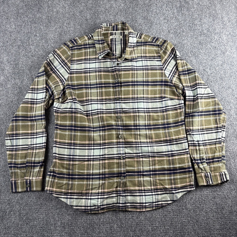 Orvis Flannel Shirt Women's Large Olive Green Navy Pink Plaid Cotton Button Up